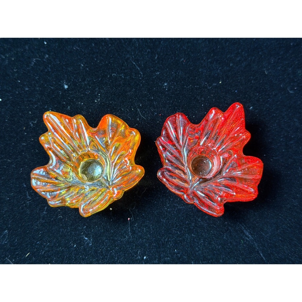 Vintage Autumn Maple Leaf Glass Candle Holder Set Amber Red Fall Decor 2pc